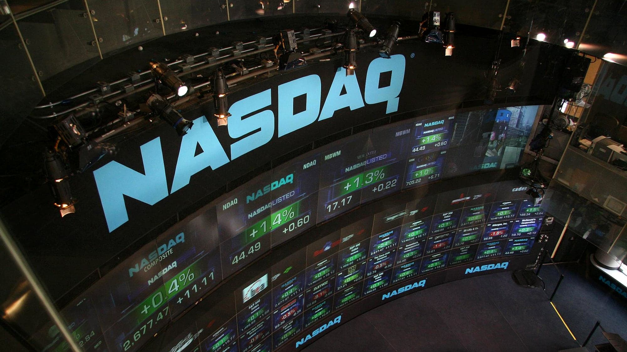 The illuminated Nasdaq displays showing share prices in Times Square, New York