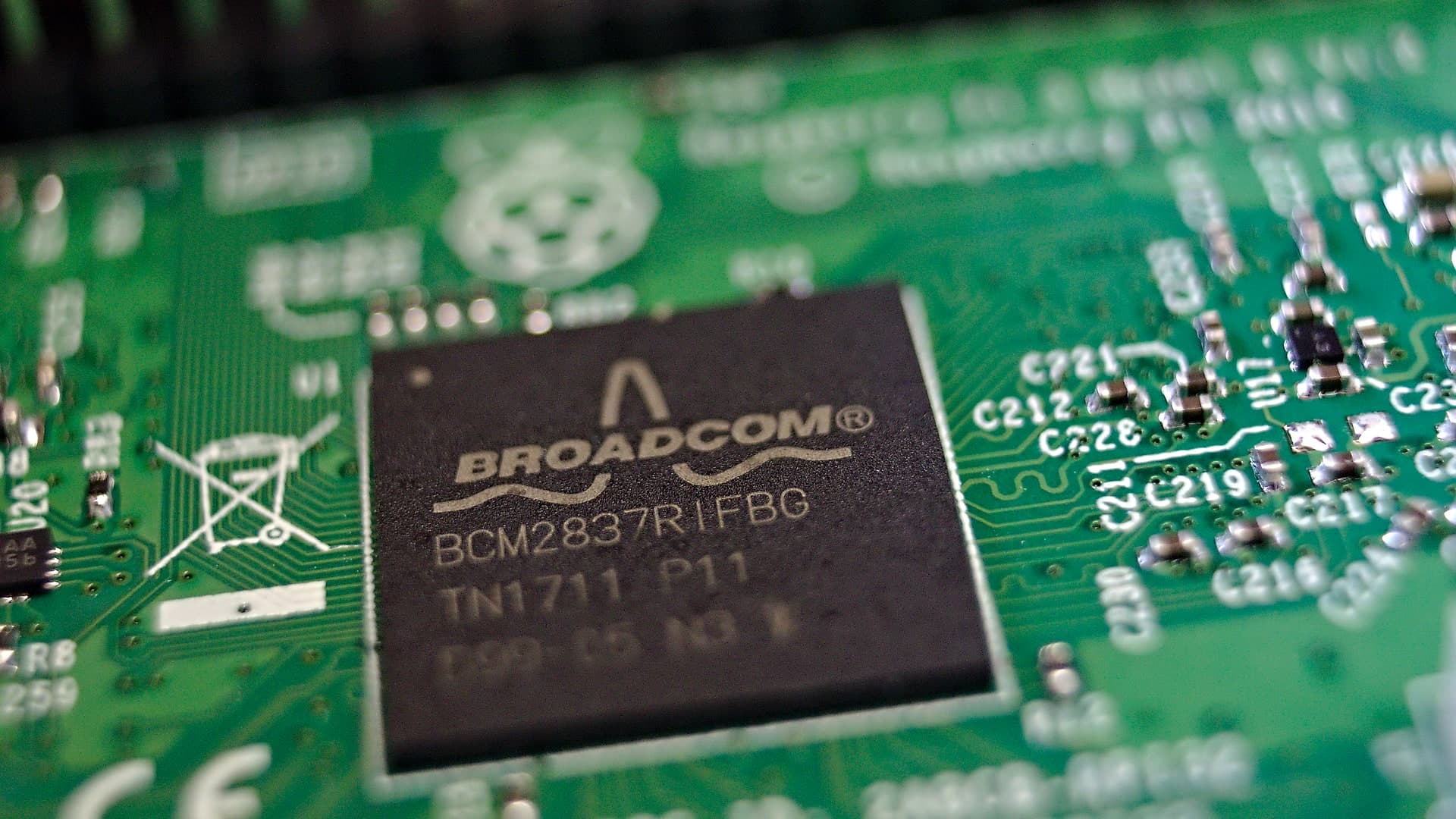 A Broadcom BCM2837 processor mounted on a Raspberry Pi 3 board