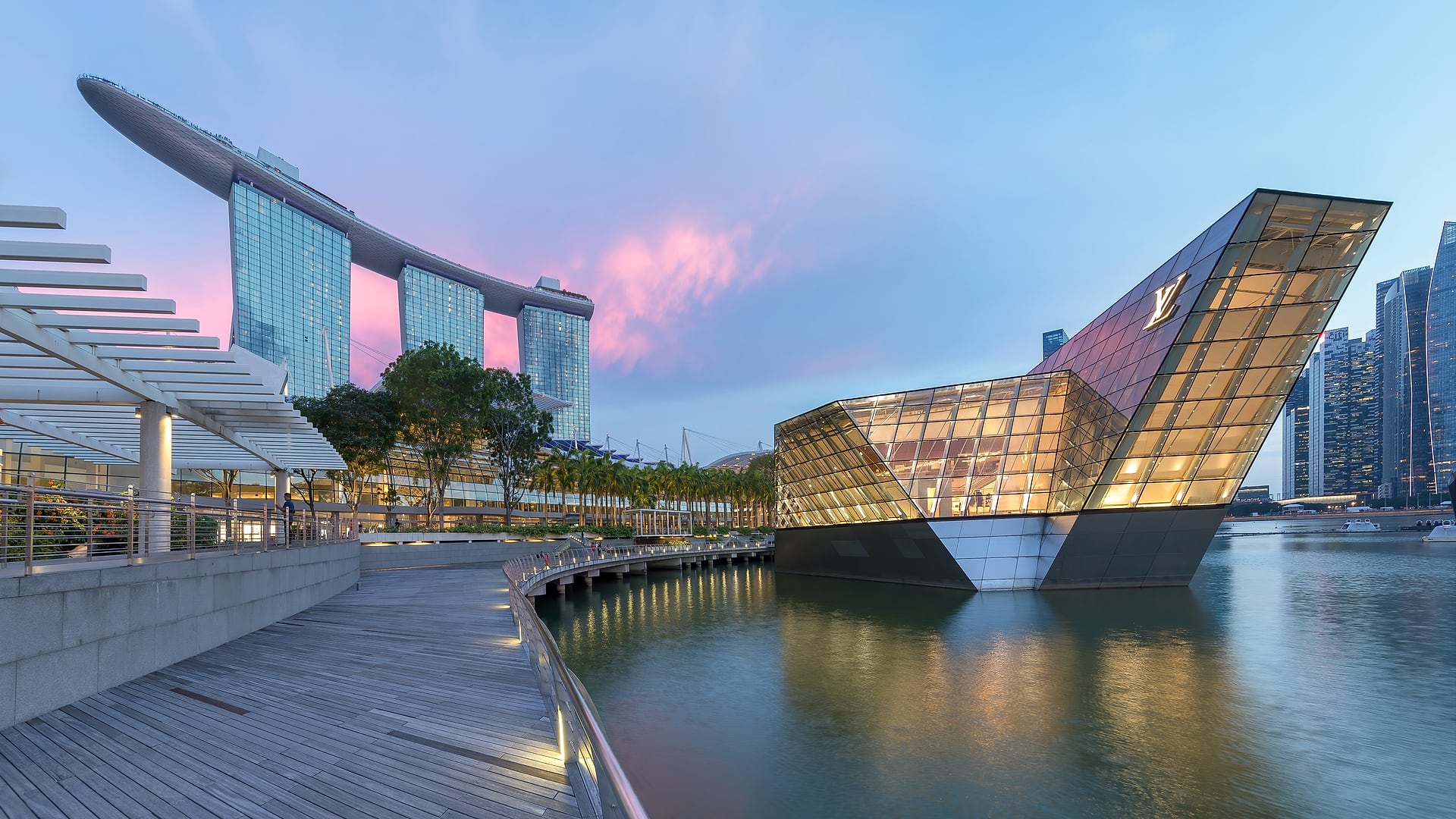 The Louis Vuitton Island Maison at Marina Bay, Singapore, at blue hour