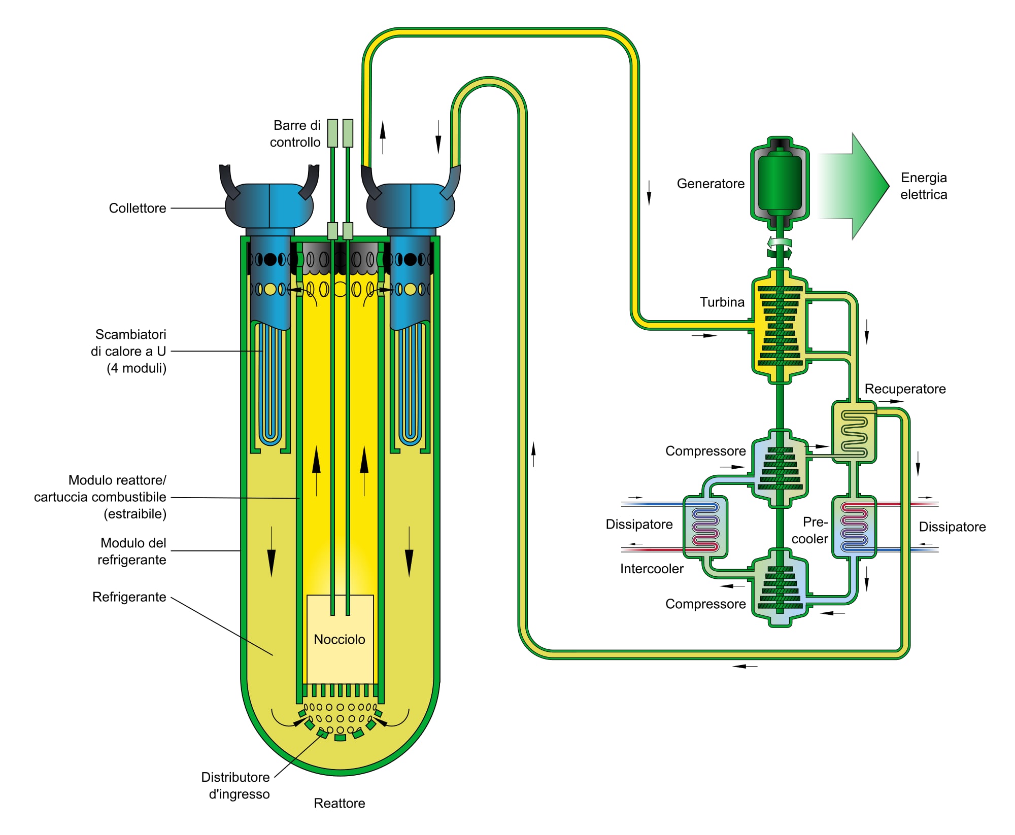 Schema di un reattore veloce raffreddato a piombo collegato a turbina e generatore