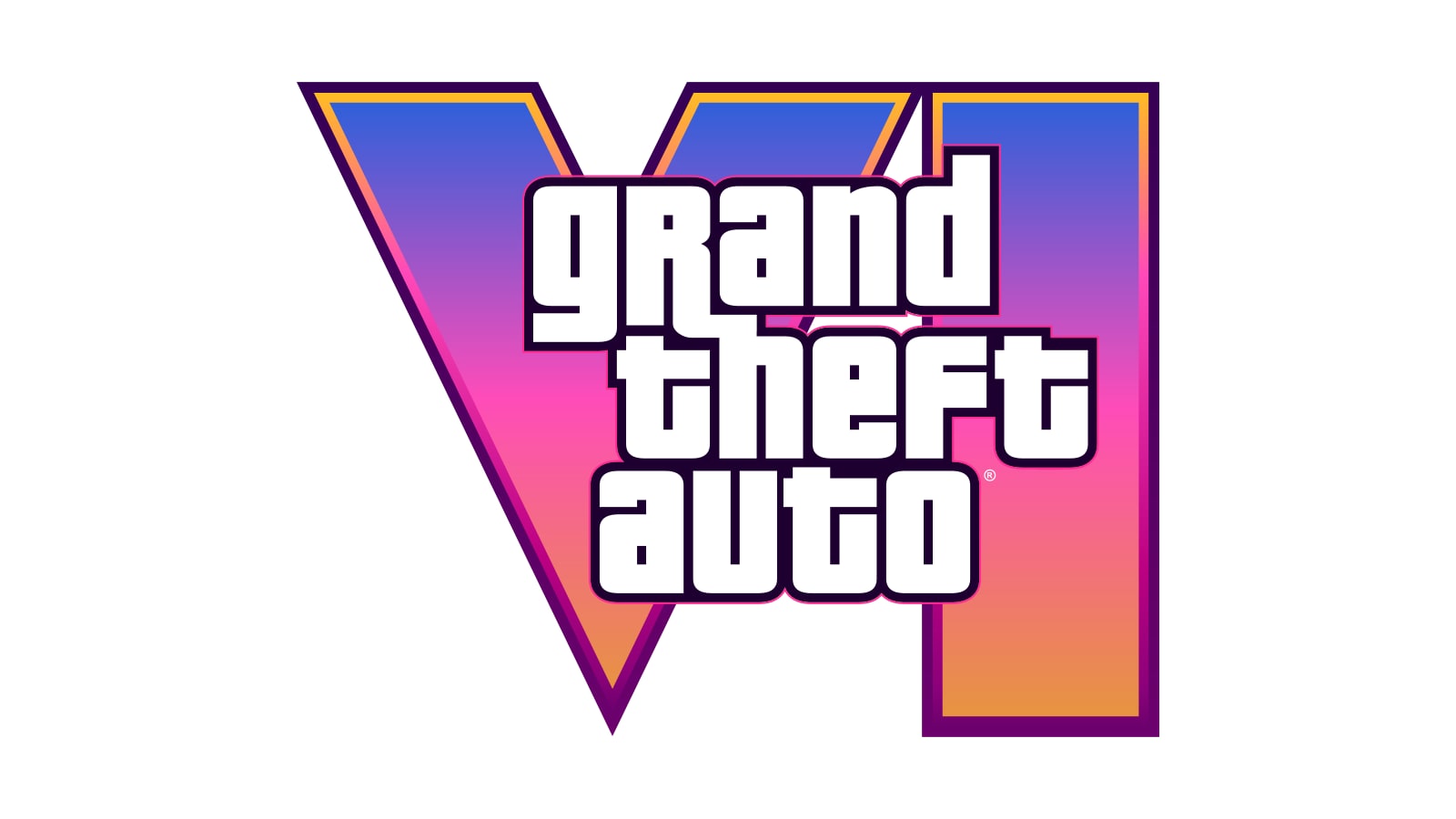 Il logo di Grand Theft Auto VI: la scritta bianca su un grande numero romano sei dai colori sfumati tra il blu, il rosa e l'arancione